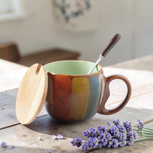 Zoravibe Kokoro Retro Striped Ceramic Mug with Wooden Lid and Spoon