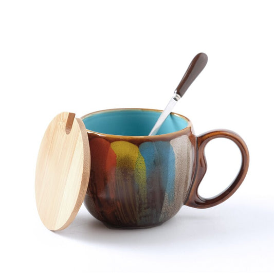 Zoravibe Kokoro  Retro Striped Ceramic Mug with Wooden Lid and Spoon