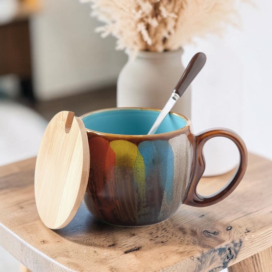 Zoravibe Kokoro  Retro Striped Ceramic Mug with Wooden Lid and Spoon