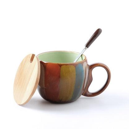 Zoravibe Kokoro Retro Striped Ceramic Mug with Wooden Lid and Spoon