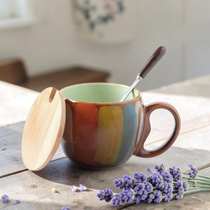 Zoravibe Kokoro Retro Striped Ceramic Mug with Wooden Lid and Spoon