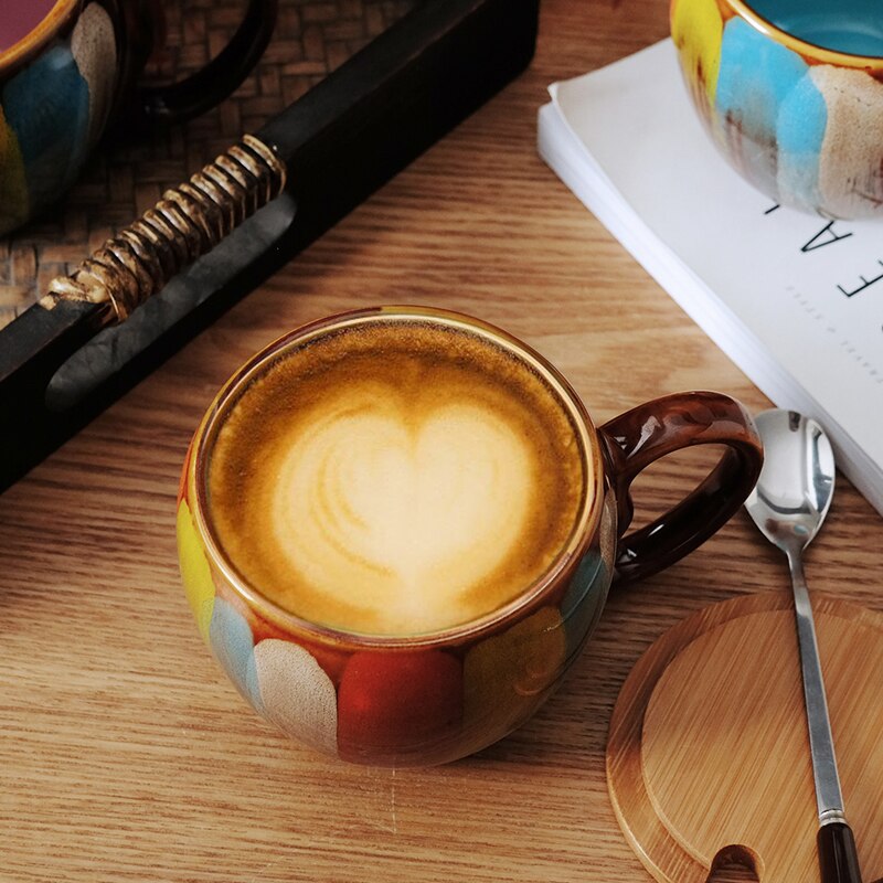 Zoravibe Kokoro  Retro Striped Ceramic Mug with Wooden Lid and Spoon